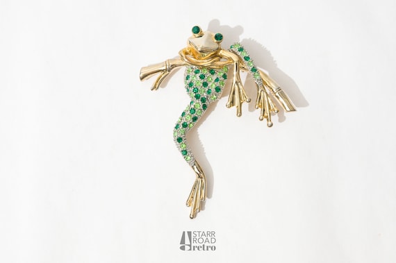 Large Frog Brooch, Sitting on Bamboo - image 1