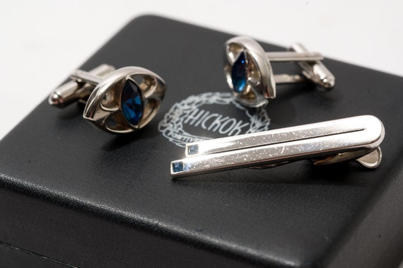 Vintage Hickok Cuff Link and Tie Clip Set, Blue - image 6