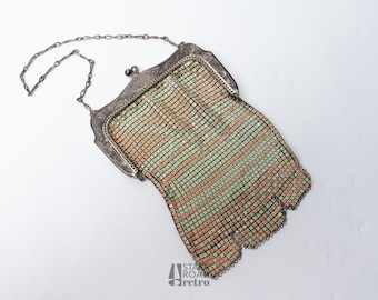 Vintage Metal Mesh Purse, Enamel, Green and Pink, Whiting & Davis