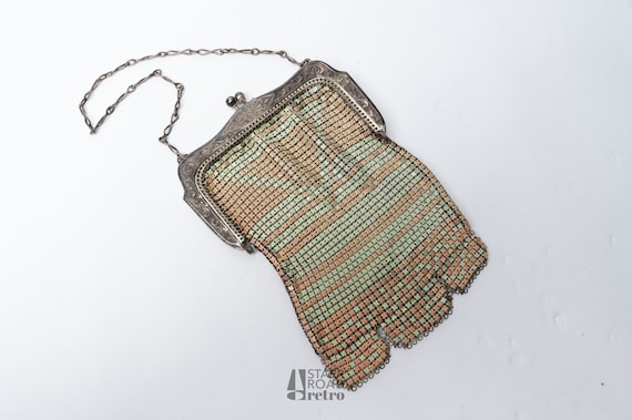 Vintage Metal Mesh Purse, Enamel, Green and Pink,… - image 1