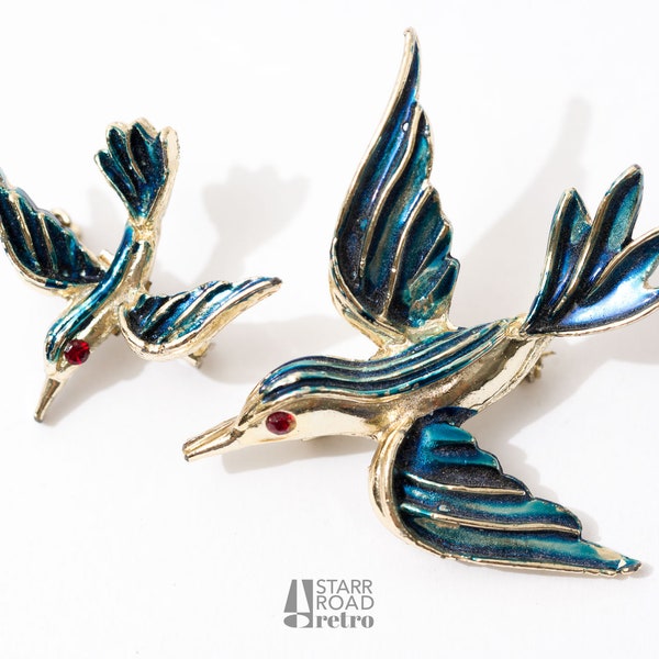 Vintage Swallow Brooches, Birds, Pair, Enameled