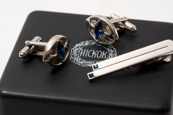 Vintage Hickok Cuff Link and Tie Clip Set, Blue - image 5