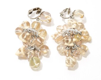 Vintage Cha Cha Earrings, Chandelier, Waterfall, Clear Glass with Cream Details
