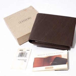 Cartera vintage Coach de cuero marrón, plegable, con foto para identificación, 1995