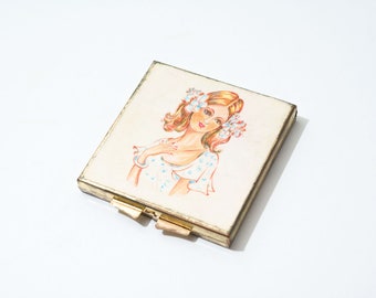 Vintage Compact with Girls Face, Mirror, 1960s
