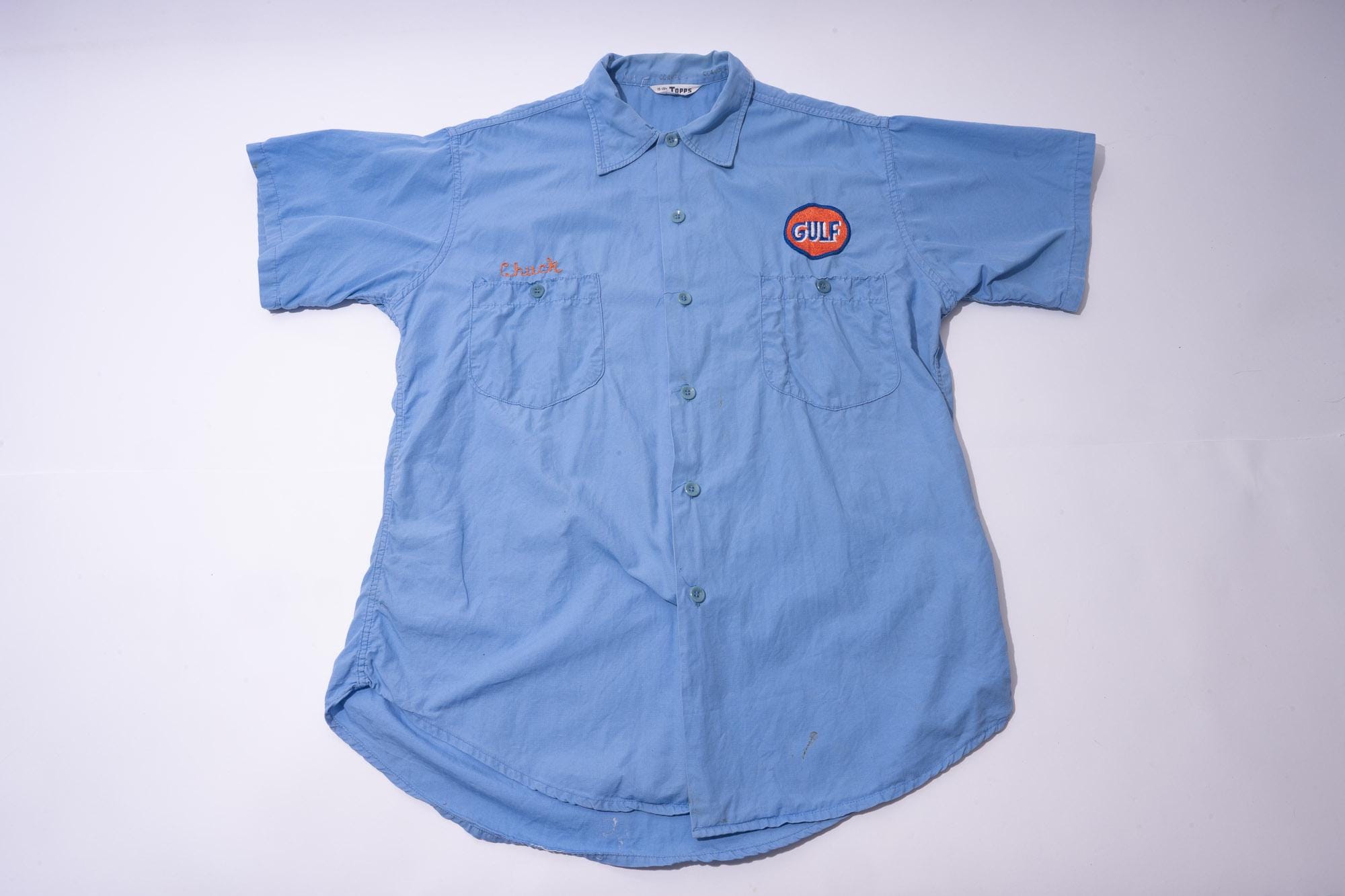 Vintage Gas Station Work Shirt, Gulf Oil, Topps, Embroidered Name 