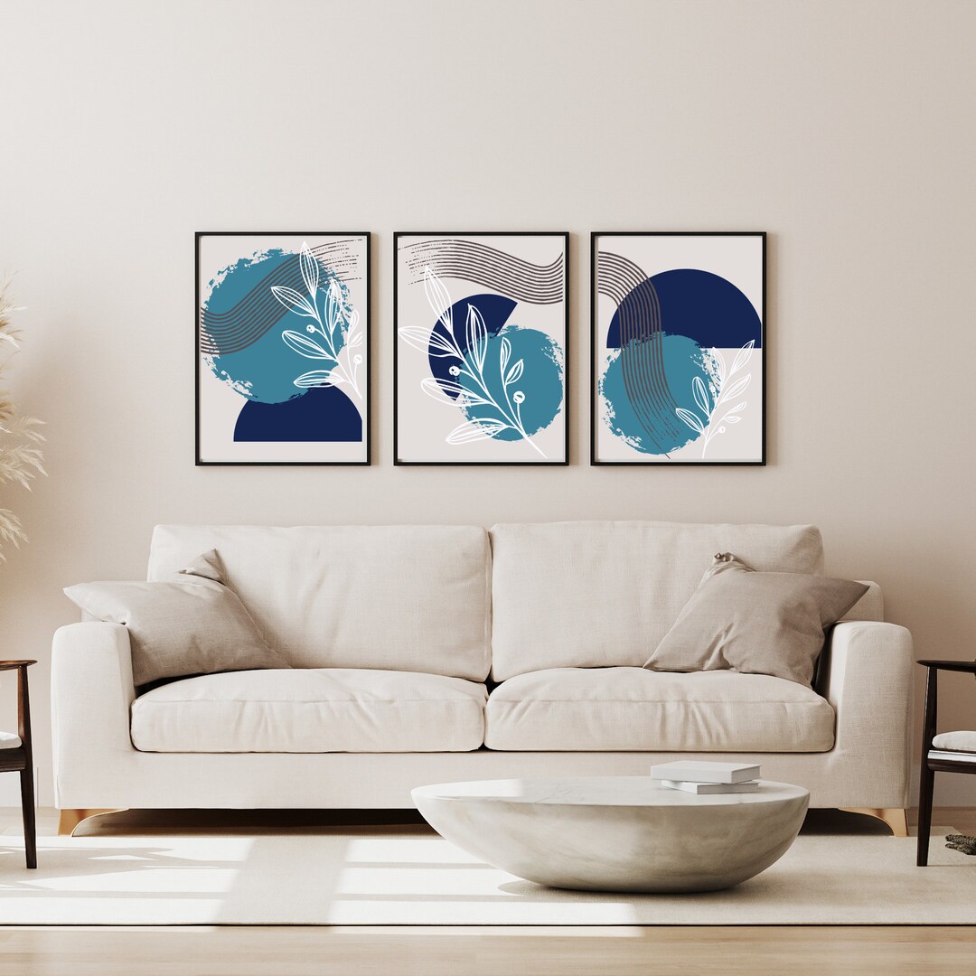 DIGITAL DOWNLOAD, PRINTABLE, Set of 3, Modern Art, Geometric Abstract Art, Teal, Blue, White ...