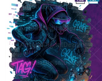 Graffiti Panther Clipart, Cyberpunk Street panther PNG, Urban Cat Digital Art Sublimation T-Shirt Design, 300 Dpi, Clip Art, Dtf, UV Print