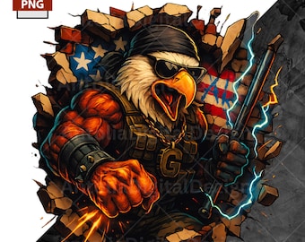 Patriotic Eagle Warrior Clipart – American Bald Eagle PNG, Urban Street Art Graphic for Sublimation, Military & 4th of July Designs, T-Shirt