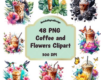 Coffee and Flowers 48 Clipart – PNG Set, High-Res 300 DPI, Transparent Background, Digital PNG Download