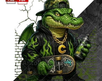 Graffiti Crocodile Clipart, Crocodile PNG, T-Shirt Design, 300 Dpi, Sublimation Print, Clip Art,  PNG, Dtf, UV Print, Skateboard Art