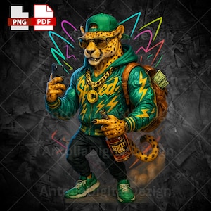 Streetwear Cheetah Clipart, Hip Hop Cheetah with Cognac & Phone, T-Shirt Design, 300 Dpi, Sublimation Print, Clip Art,  PNG, Dtf, UV Print,