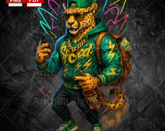 Streetwear Cheetah Clipart, Hip Hop Cheetah with Cognac & Phone, T-Shirt Design, 300 Dpi, Sublimation Print, Clip Art,  PNG, Dtf, UV Print,