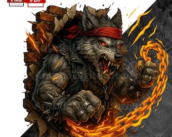 Fierce Werewolf Graffiti PNG, Flaming Chain Wolf Clipart, Fire Wolf Sublimation Graphic, T-Shirt Design, 300 Dpi, Clip Art, Dtf, UV Print