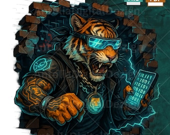 Cyberpunk Hacker Tiger Clipart – Digital Tiger PNG, Tech Graffiti Street Art, Sublimation T-Shirt Design, 300 Dpi, Clip Art, Dtf, UV Print