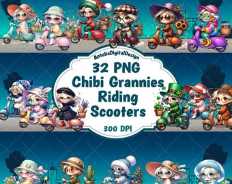 Whimsical Scooter Grandma Clipart – PNG Set, Adorable Granny Art, High-Res 300 DPI, Transparent Background, Digital PNG Download