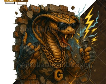 Electric Cobra Clipart, Mic-Wielding Snake PNG, Rap Snake Graffiti Street Art, Sublimation T-Shirt Design, 300 Dpi, Clip Art, Dtf, UV Print