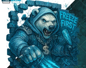 Freeze First Polar Bear Clipart, Polar Bear Graffiti Digital Download Art PNG, Sublimation, T-Shirt Design, 300 Dpi, Clip Art, Dtf, UV Print