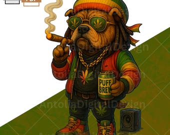 Rasta Bulldog Digital Art | Puff Brew Reggae Streetwear PNG | Sublimation Design