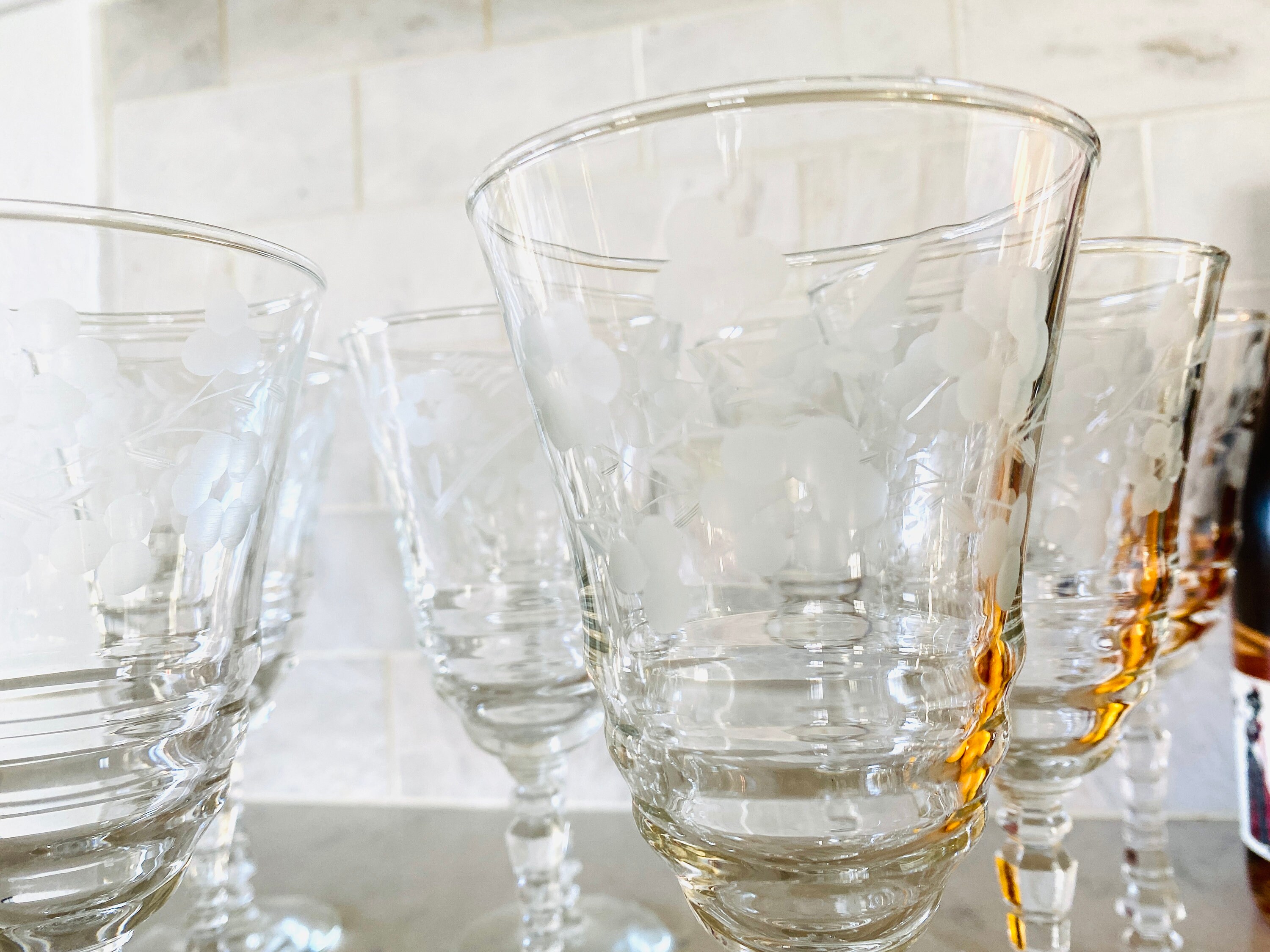 8 Libbey Rock Sharpe Wine Glasses, Etched With Flowers, 1940s