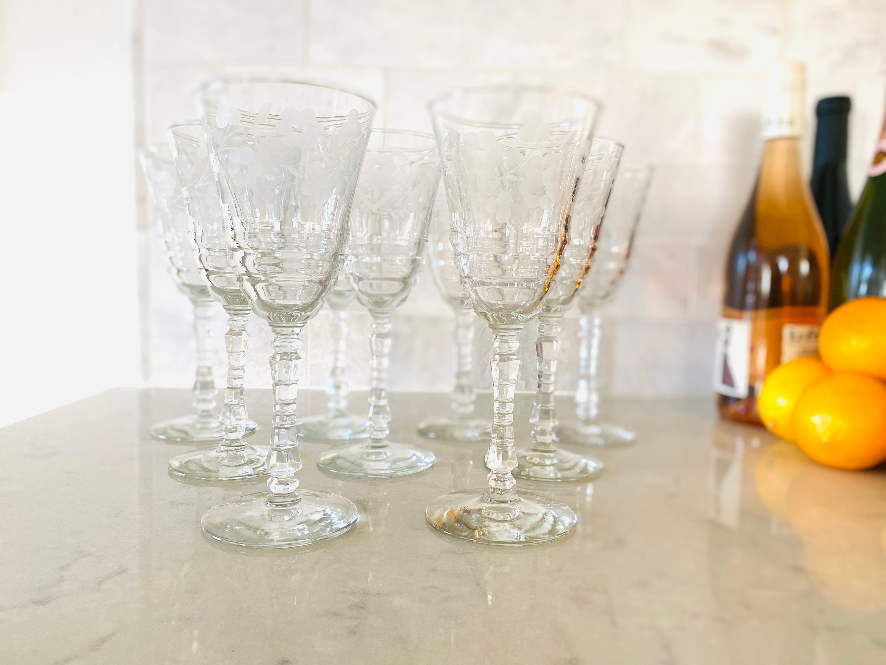 8 Libbey Rock Sharpe Wine Glasses, Etched With Flowers, 1940s