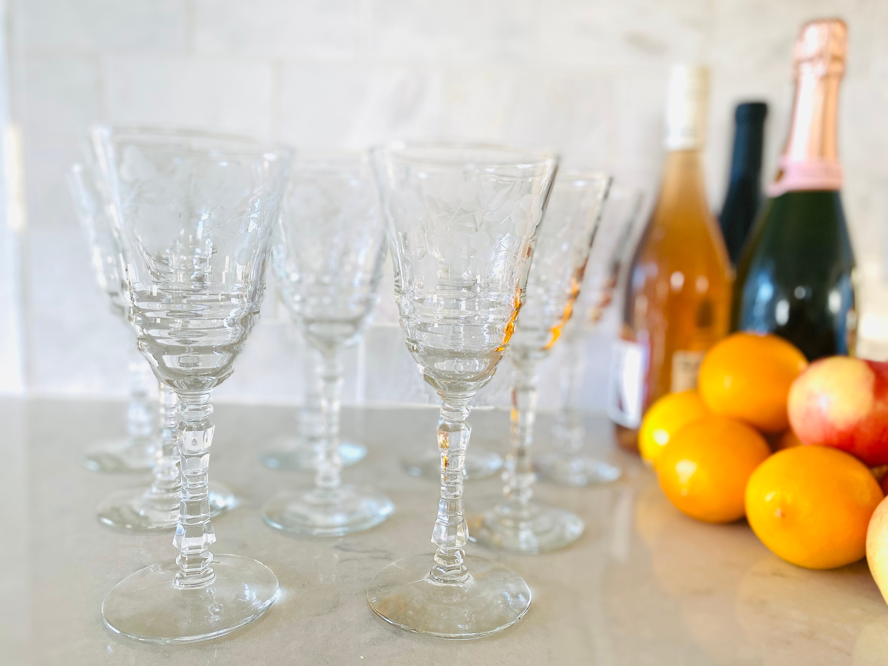 8 Libbey Rock Sharpe Wine Glasses, Etched With Flowers, 1940s