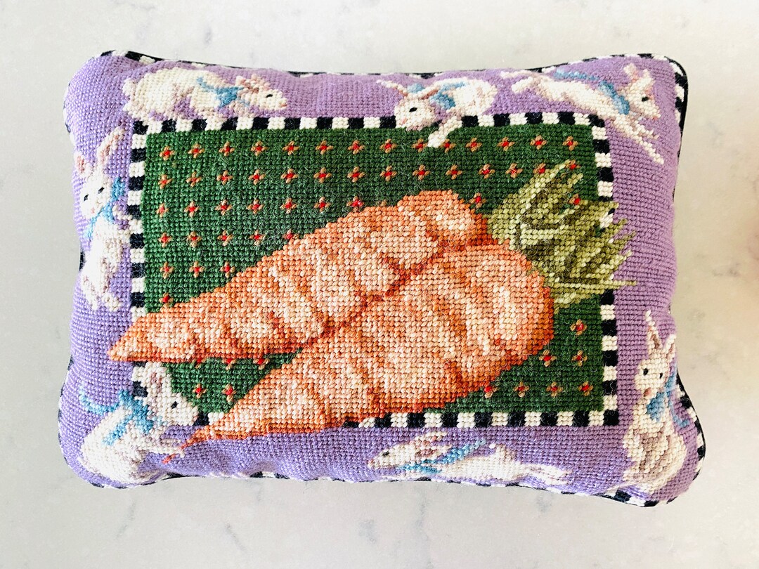 Vintage Needlepoint Pillow, Bunnies With Carrots, From Through the