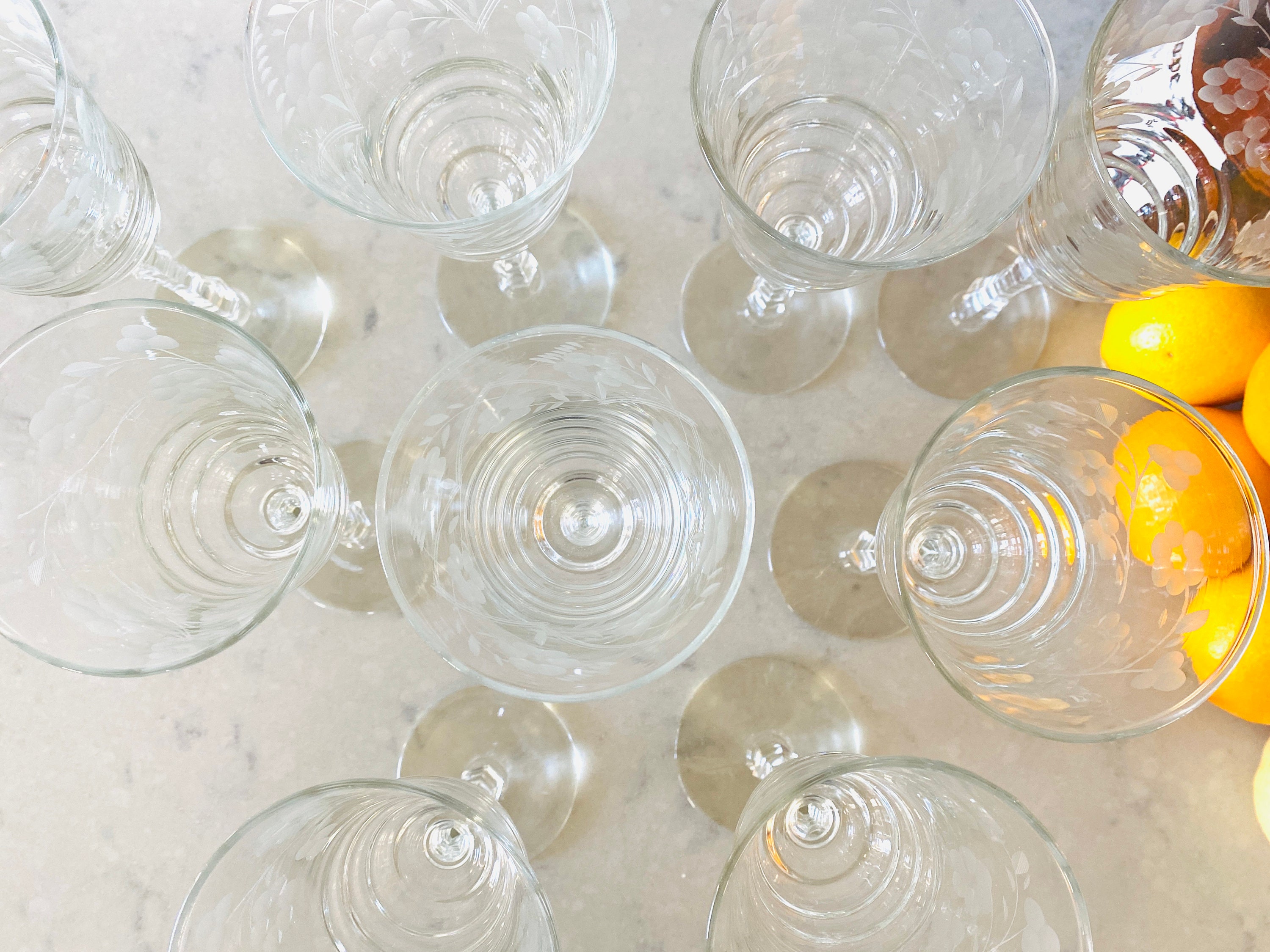 8 Libbey Rock Sharpe Wine Glasses, Etched With Flowers, 1940s