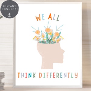 We All Think Different Poster | Neurodiversity Poster | Brain Art Poster | Therapy Office Wall Art | Counselor Wall Art | Speech Room Art