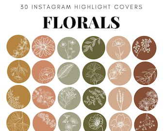 May include: Thirty Instagram highlight covers featuring floral illustrations in white on a variety of colored backgrounds. The backgrounds include shades of brown, green, and peach.