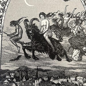 May include: A monochrome illustration showing figures riding through the night. A woman rides a goat, others fly on brooms or are airborne. Bats and a crescent moon are also depicted above a town.