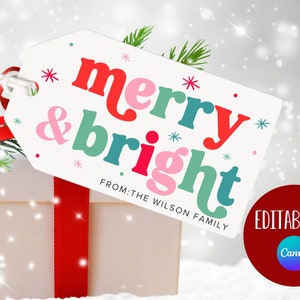 Printable Merry & Bright Christmas Gift Tag, Editable Christmas Gift Tag, Colorful Christmas Bag Tag, Holiday Gift Tags, Treat Bag, Download