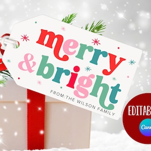 Printable Merry & Bright Christmas Gift Tag, Editable Christmas Gift Tag, Colorful Christmas Bag Tag, Holiday Gift Tags, Treat Bag, Download