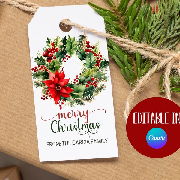 Editable Christmas Gift Tags, Merry Christmas Holiday Tags, Christmas Labels, Holiday Favor Tags, Printable Template Canva, Winter Gift Tag