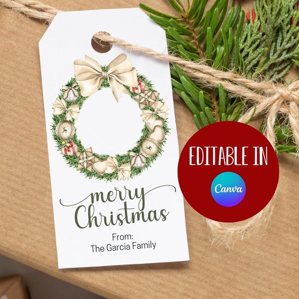 Editable Christmas Gift Tags, Merry Christmas Holiday Tags, Christmas Labels, Holiday Favor Tags, Printable Template Canva, Winter Gift Tag