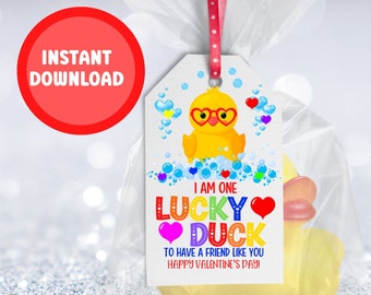 Lucky Duck Valentine's Day Tags, Printable Valentine, Classroom School Teacher, Rubber Duck Party Favor, Classroom Valentine Cards,