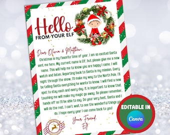 May include: A Christmas-themed letter with the text "Hello From Your Elf" in red and green. The letter includes a message from an elf, a wreath illustration, and the words "Editable in Canva."