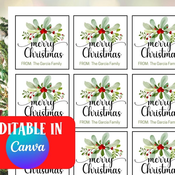 Editable Christmas Gift Tags, Merry Christmas Holiday Tags, Christmas Labels, Holiday Favor Tags, Printable Template Canva, Winter Gift Tag