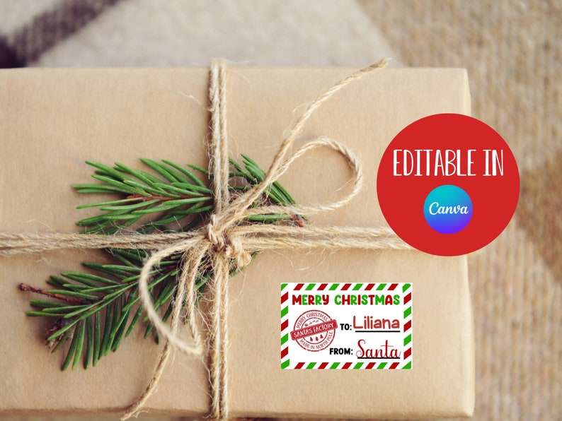 May include: A brown paper gift box tied with twine and decorated with a green pine sprig. A red and green striped label with the text "Merry Christmas" and a red stamp with the text "Santa's Workshop" is attached to the box. The label also includes the text "To: Liliana From: Santa". The text "Editable in Canva" is written in white on a red circle.