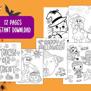 May include: A set of 12 Halloween-themed colouring pages featuring illustrations of a cat in a witch hat, a witch stirring a cauldron, and mummies. The phrase "12 PAGES INSTANT DOWNLOAD" is displayed on a purple banner.