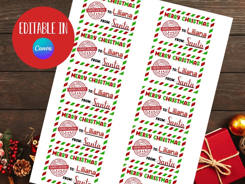 May include: Eight printable gift tags with a red and green striped border. The tags feature a red circle with the text "Santa's Factory" and the words "Merry Christmas" in green. The tags are customizable with the recipient's name and the sender's name.