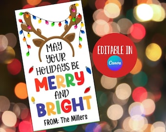 Christmas Gift Tags, Holiday Label, Holiday Gift Tags, Merry & Bright, Christmas Lights, Treat Bags, Reindeer Gift Tag, Classroom Favor Tag