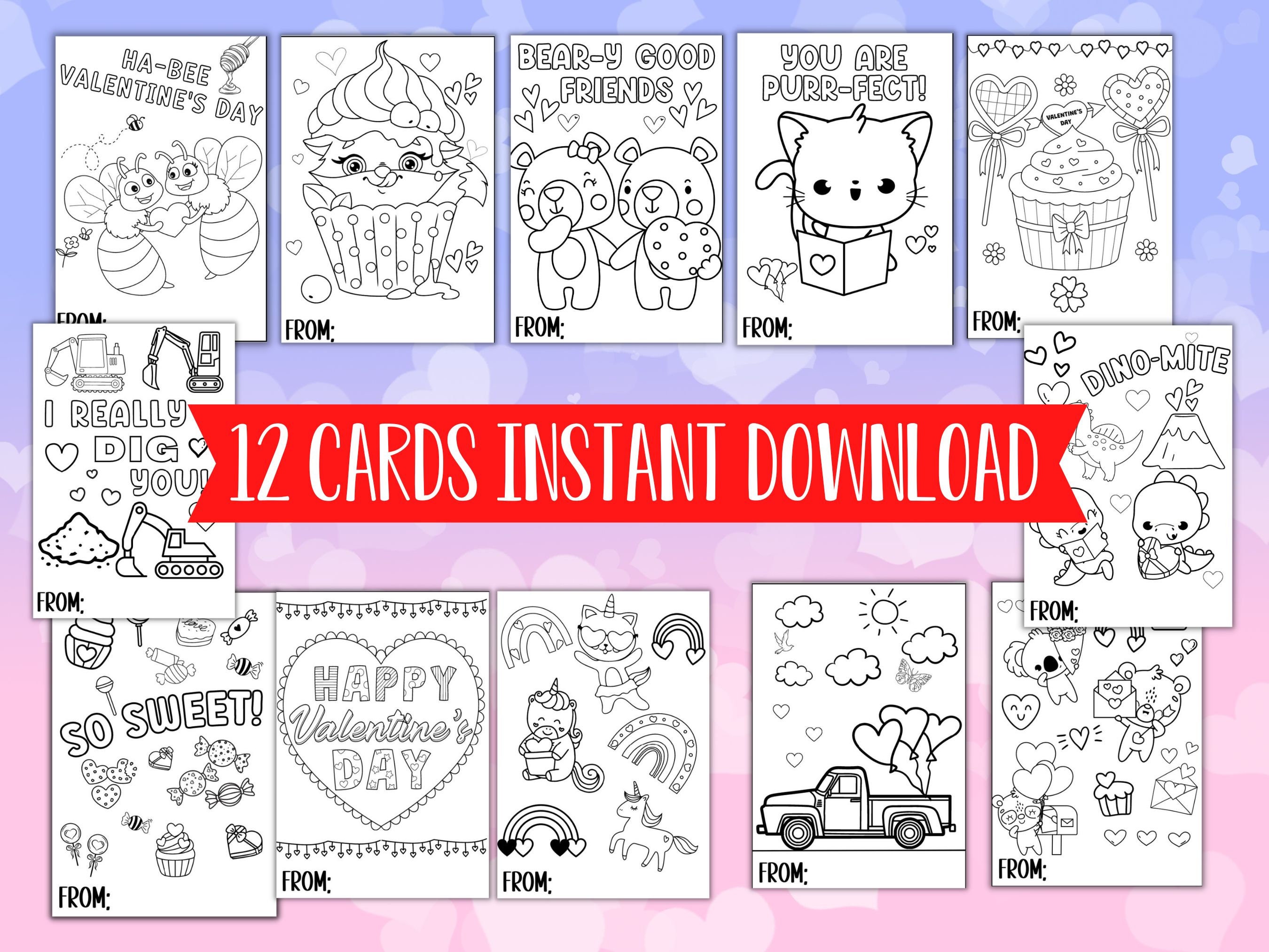 Valentine Coloring Cards Printable Valentine s Day Cards Etsy