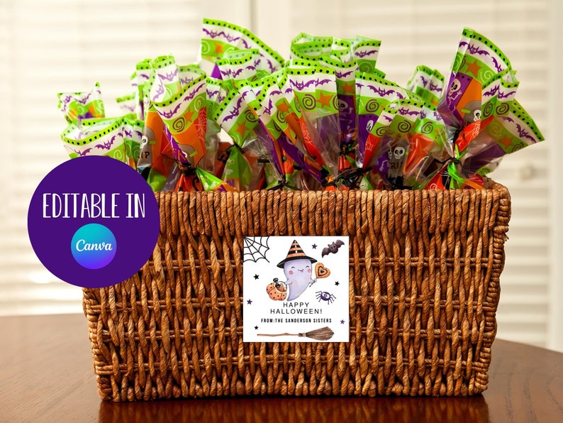 May include: A wicker basket filled with individually wrapped Halloween treats. A tag attached to the basket reads "Happy Halloween! From the Sanderson Sisters".