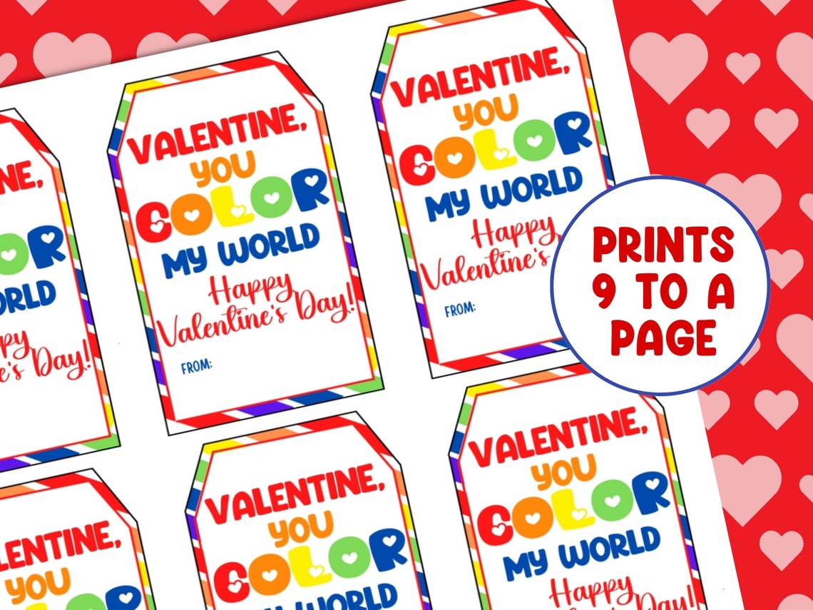 Kids Valentine Tag, You Color My World Valentines Day Gift Tag, Art ...