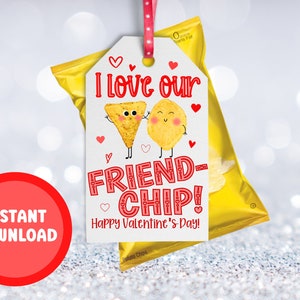 Kids Valentines Cards Friend-Chip, Chip Hooray, Valentine Tags, Printable Valentines Day, Kid Gifts for School Classroom Bag Chips Tags,