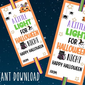 Étiquette en bâton lumineux, un peu de lumière pour la nuit d'Halloween, étiquettes d'Halloween à imprimer, cadeau d'Halloween, étiquettes cadeaux Boo, des bonbons ou un sort