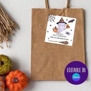 May include: A printable Halloween gift tag featuring a cartoon ghost wearing a witch hat and holding a heart. The tag says "Happy Halloween! From the Sanderson Sisters".