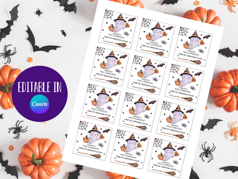 May include: Printable Halloween gift tags featuring a cute ghost wearing a witch hat and holding a broom. The tags are decorated with spiderwebs, bats, and candy corn. The text on the tags reads "Happy Halloween! From the Sanderson Sisters."