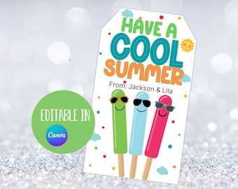 End of School Year Tag, Cool Summer, Summer Sun, Popsicle Tag, School Ice Cream Tag, Last Day, Printable, Preschool, Classroom Treat Tag